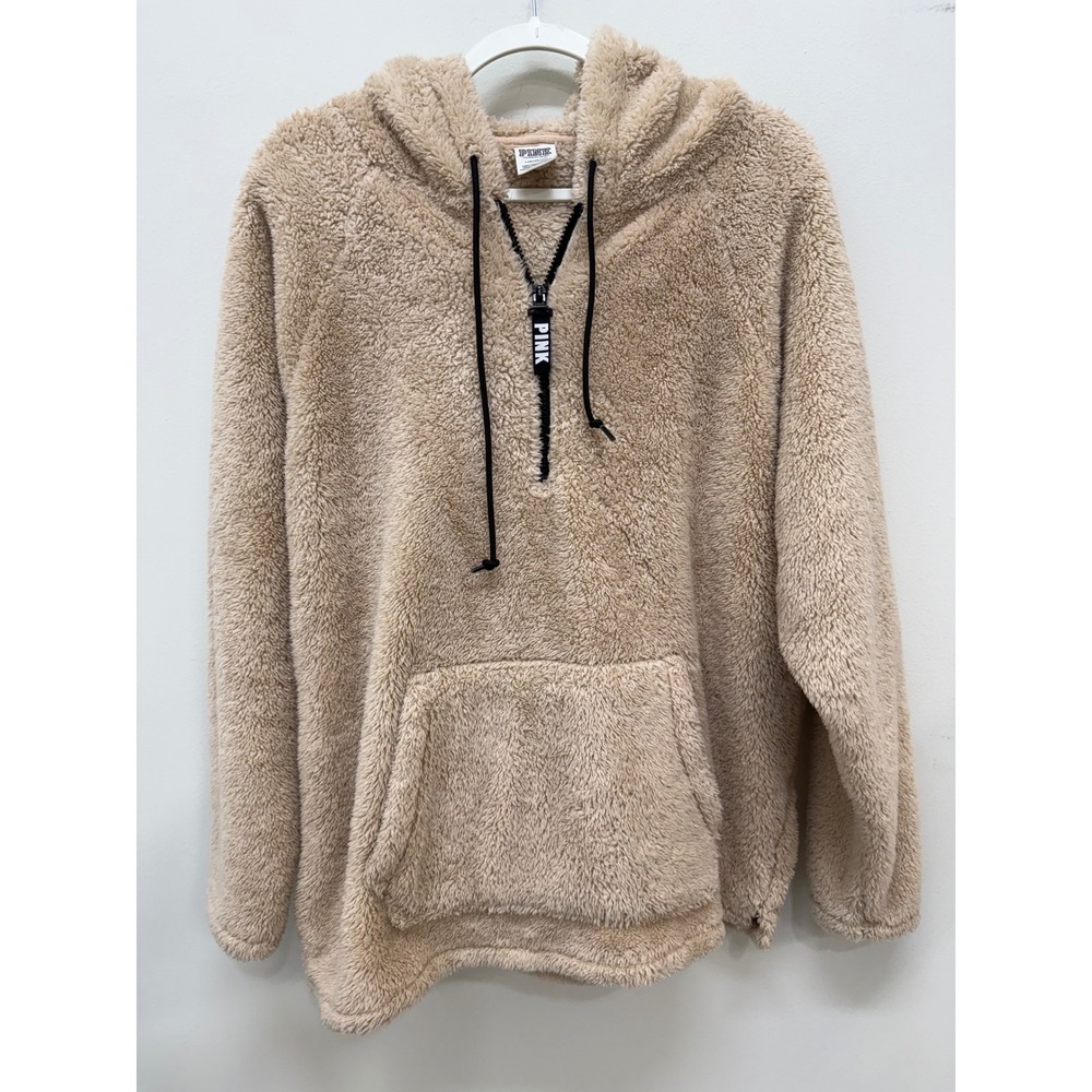 PINK Victoria's Secret Hoodie Large Tan Sherpa Quarter Zip Teddy Fleece Pullover